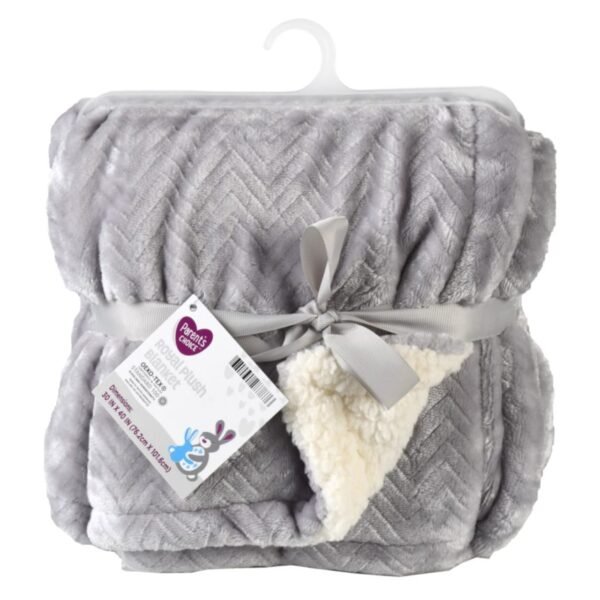 Parent’s Royal Plush Blanket: Super soft, versatile baby blanket Reversible gray chevron print on one side and fluffy white fabric on the other Perfect for comforting little ones Dimensions: 30″ x 40″ Makes a great baby shower gift Keep your baby happy, cozy, and secure Specifications Brand	 Parent’s Choice Gender	 Unisex